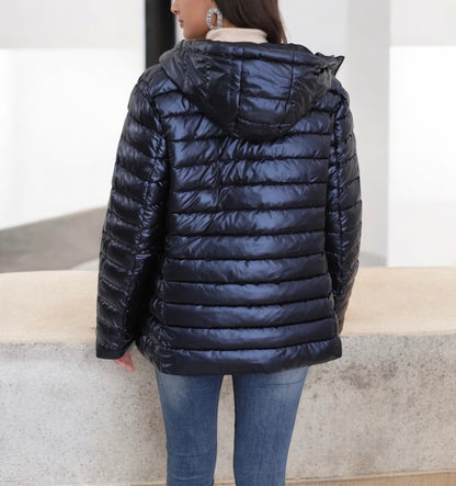 Melya Melody - Manteau court bleu marine réversible et imperméable matelassé bleu marine brillant