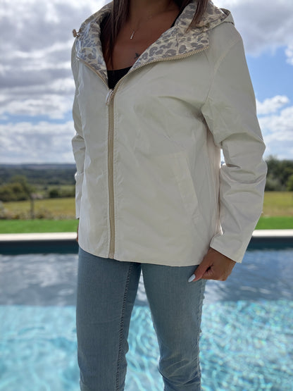Escandelle - Manteau parka court mi fesses imperméable réversible léopard argenté blanc