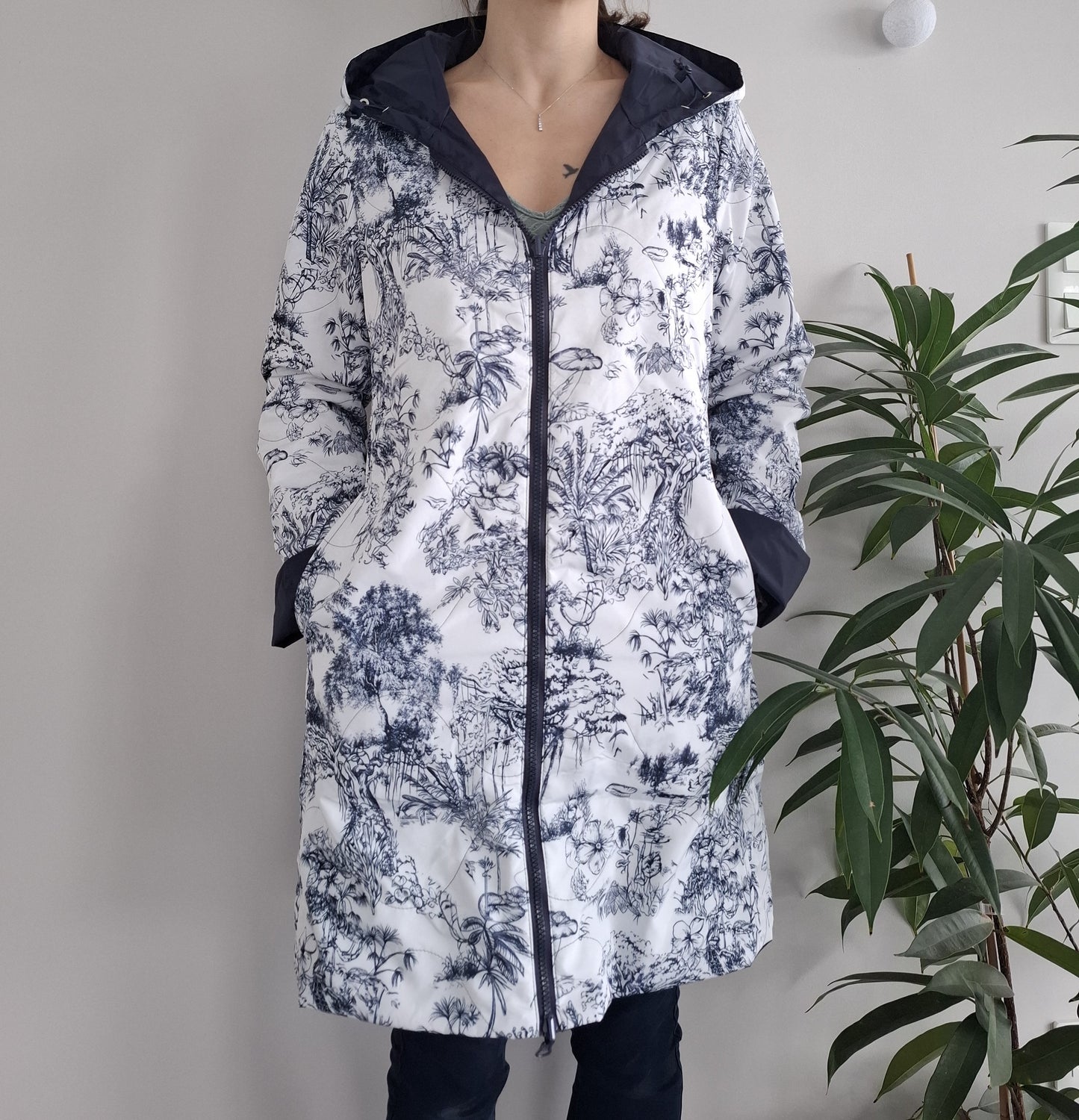 Laura Jo - Imperméable bleu marine réversible motif jungle long mi-saison garnissage ouate