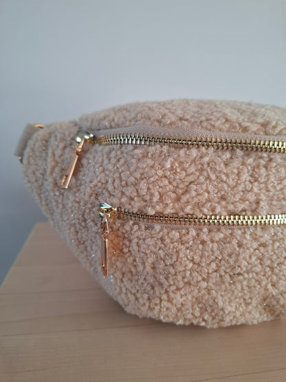 Sac banane XL peluche moumoute 2 poches beige écru