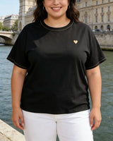 T-shirt femme en coton avec cœur doré brodé – Coupe classique chic - Curvy - couleur Noir