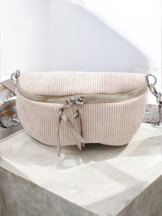 Sac banane en velours côtelé beige doubles curseurs en cuir