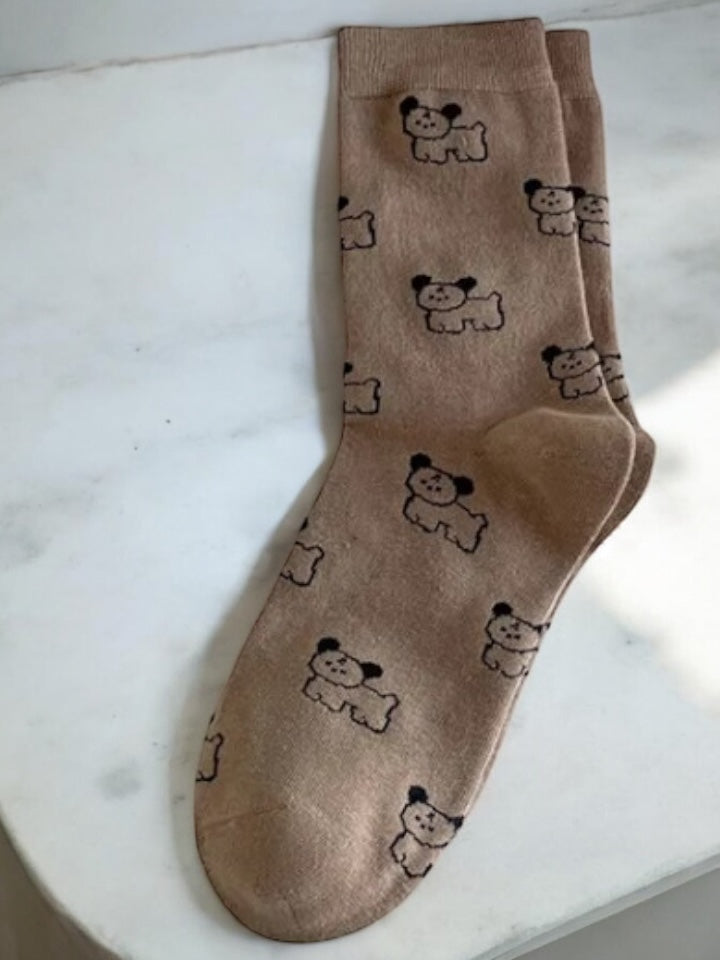 Nouveautés - Chaussettes marrons en coton à motifs chiens noirs