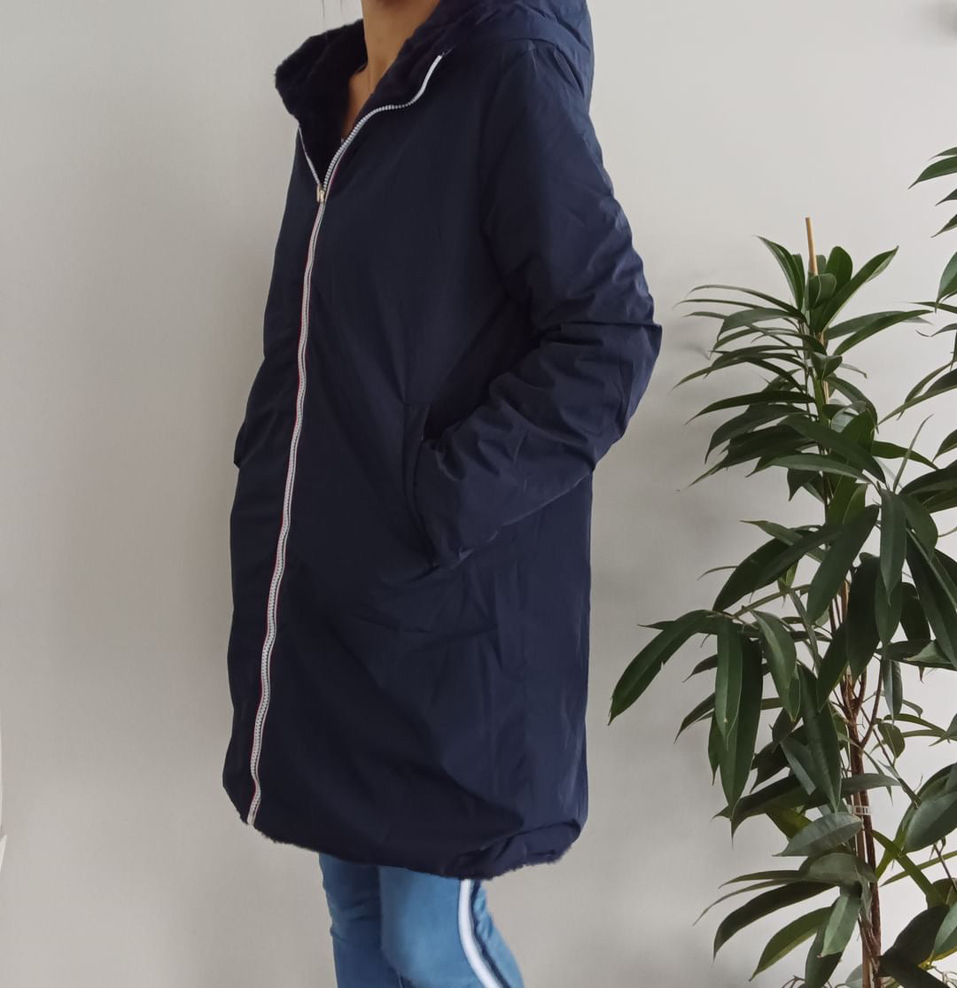 Melya Melody - Manteau long fourré fausse fourrure réversible imperméable bleu marine