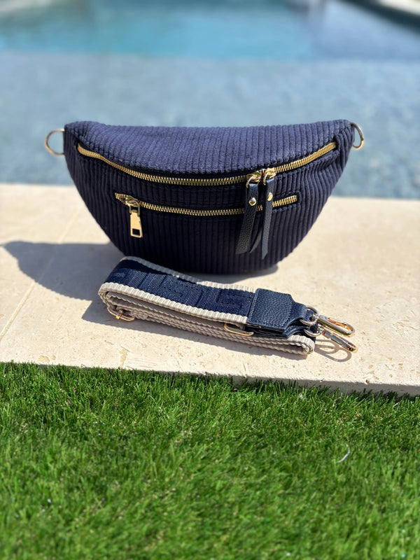 Sac banane velours côtelé 2 poches  sangle fantaisie couleur Bleu marine