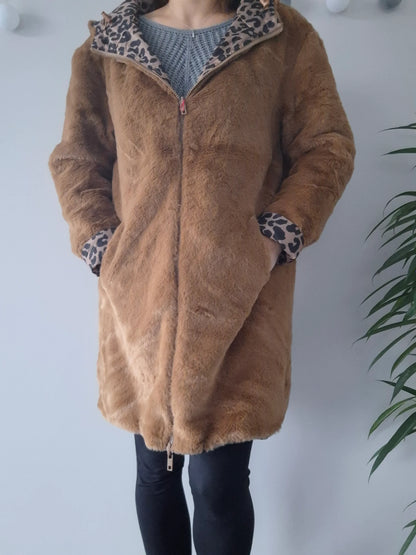 Escandelle - Manteau long réversible et imperméable léopard fourré fausse fourrure marron