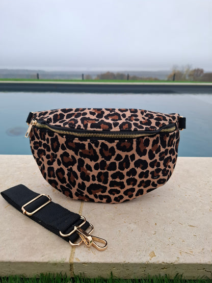 Sac banane en velours côtelé marron et noir imprimé léopard