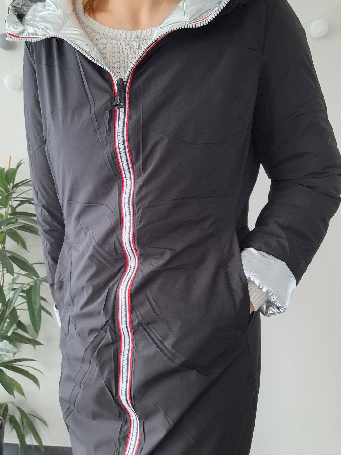 Doudoune manteau imperméable long noir réversible matelassé argenté