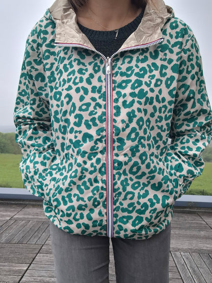 Escandelle - Parka imperméable courte Léopard vert réversible doré
