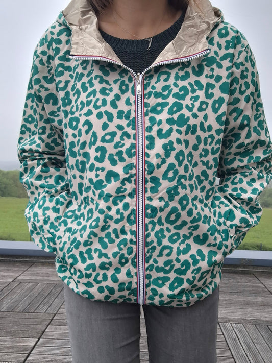 Escandelle - Parka imperméable courte Léopard vert réversible doré