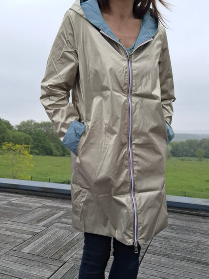 Laura Jo - Imperméable réversible long sans garnissage ouate couleur bleu ciel/doré