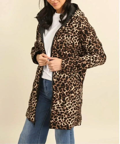 Parka Impermeable Reversible Larga de Mujer Laura Jo - Negra y Leopardo con Capucha