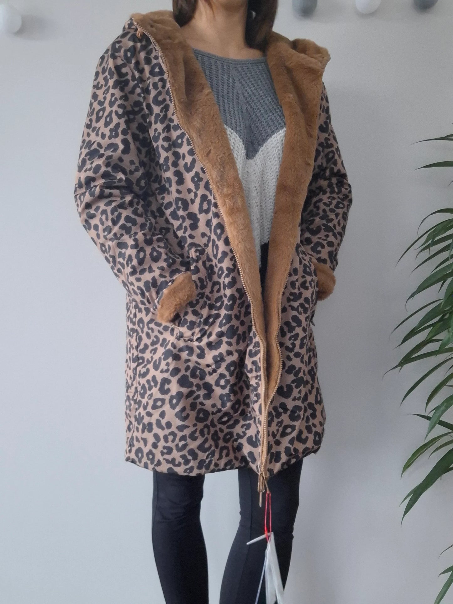 Escandelle - Manteau long réversible et imperméable léopard fourré fausse fourrure marron