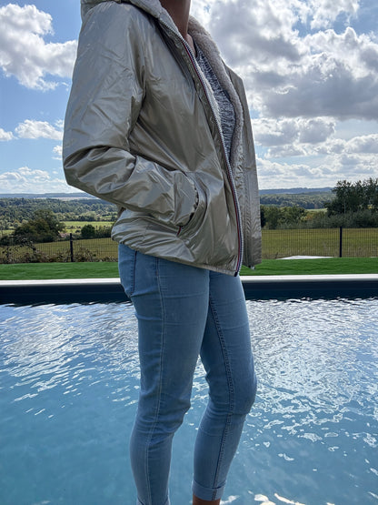 Laura Jo - Imperméable fourré court fausse fourrure doré intérieur imitation sherpa beige