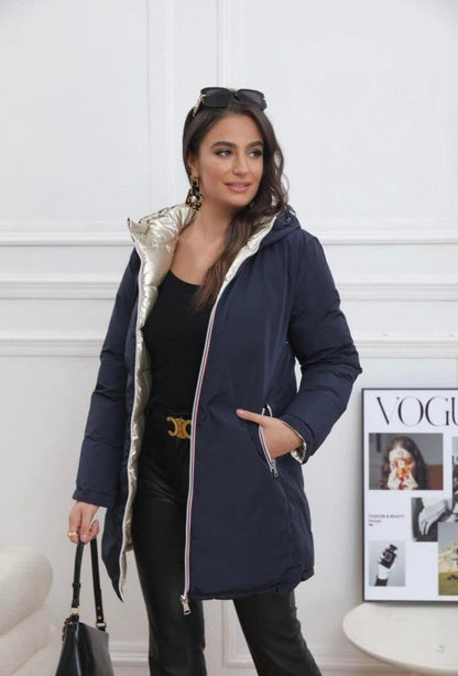 Melya Melody - Manteau long réversible et imperméable matelassé bleu marine/doré - Curvy