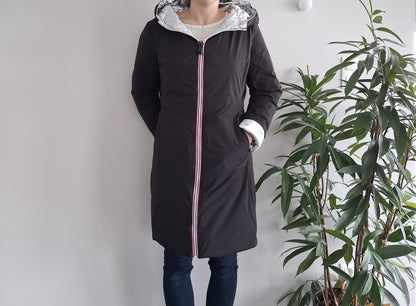 Doudoune manteau imperméable long noir réversible matelassé argenté