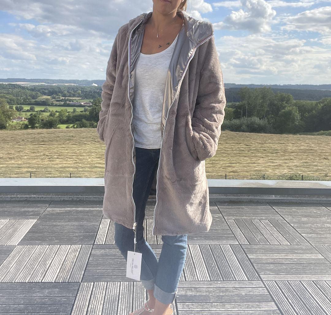 Melya Melody - Manteau long fourré fausse fourrure réversible imperméable bronze - Curvy