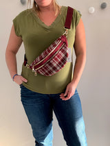 Sac banane en tissu motif écossais sangle fantaisie couleur Tons rouge bordeaux