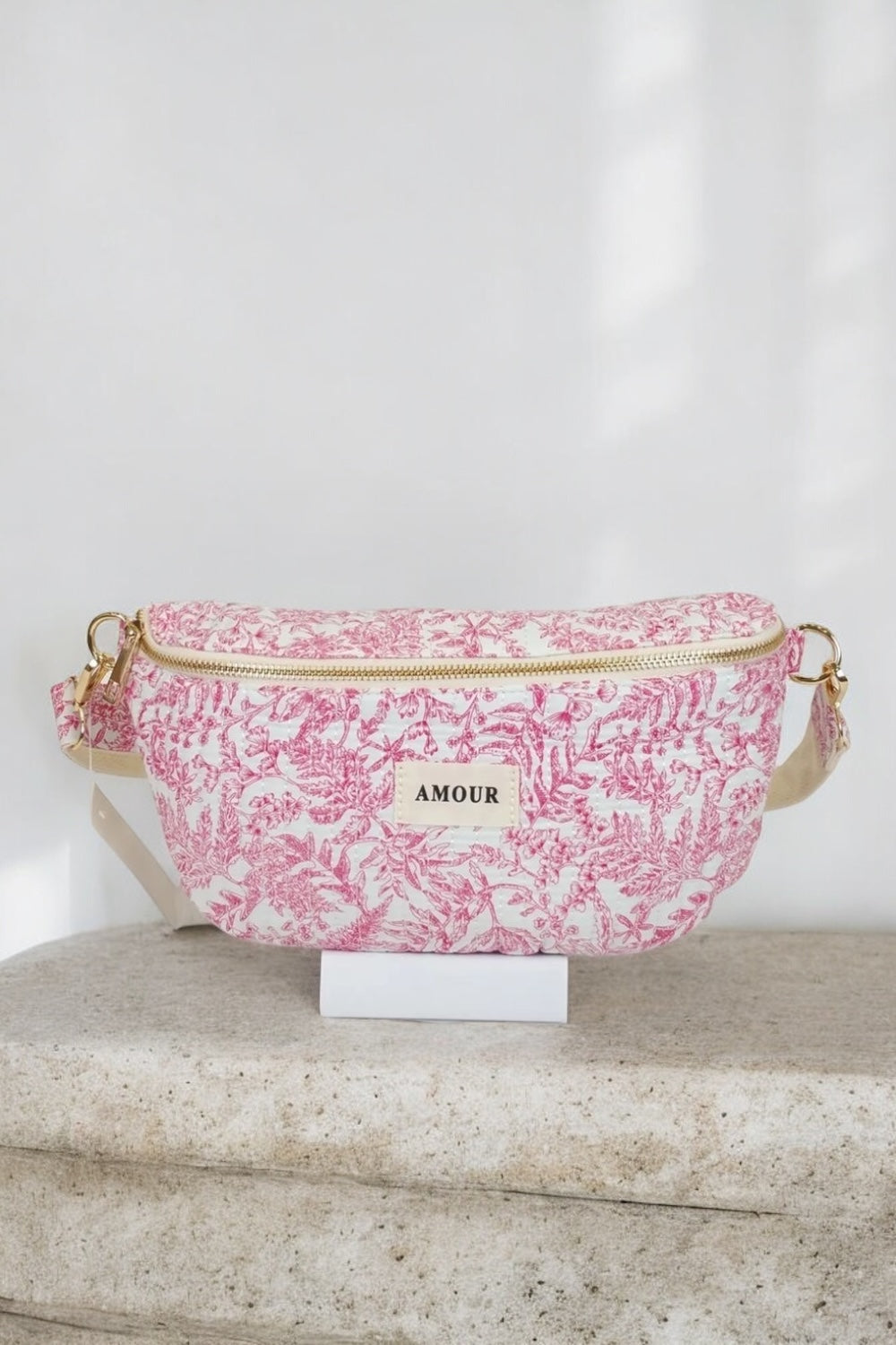 Sac banane coton liberty toile de jouy fleuri rose et blanc
