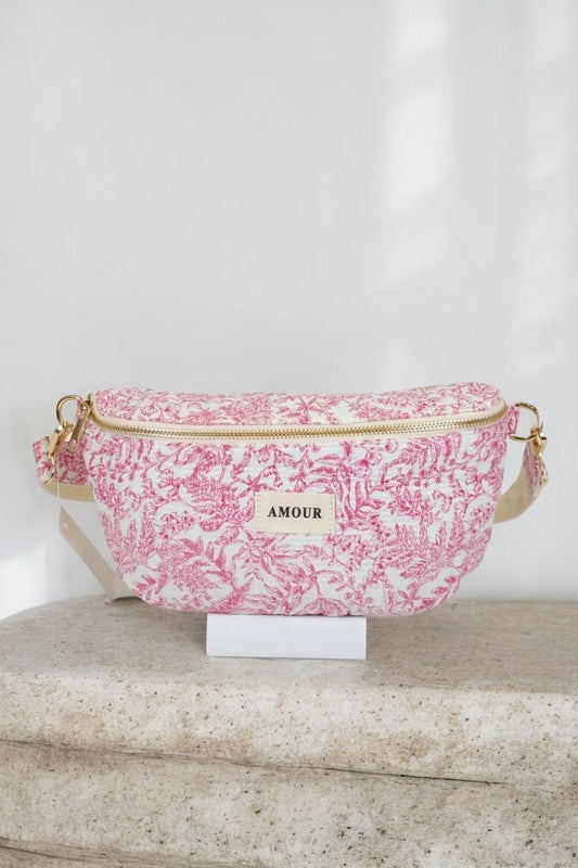 Sac banane coton liberty toile de jouy fleuri rose et blanc