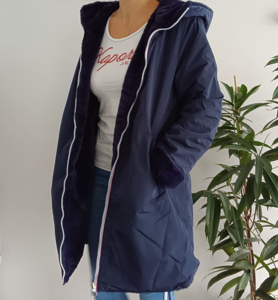 Melya Melody - Manteau long fourré fausse fourrure réversible imperméable bleu marine