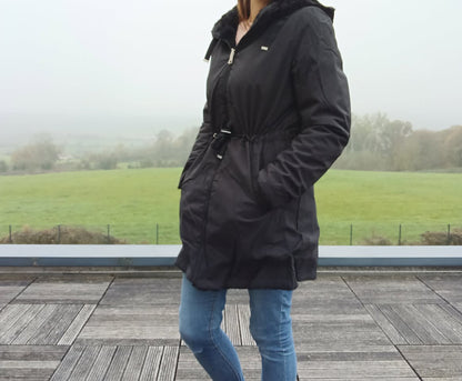 New Lolo - Manteau long NOIR zip uni réversible, imperméable et complètement fourré resserrable à la taille