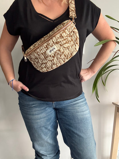 Sac banane coton matelassé liberty floral toile de jouy camel et blanc