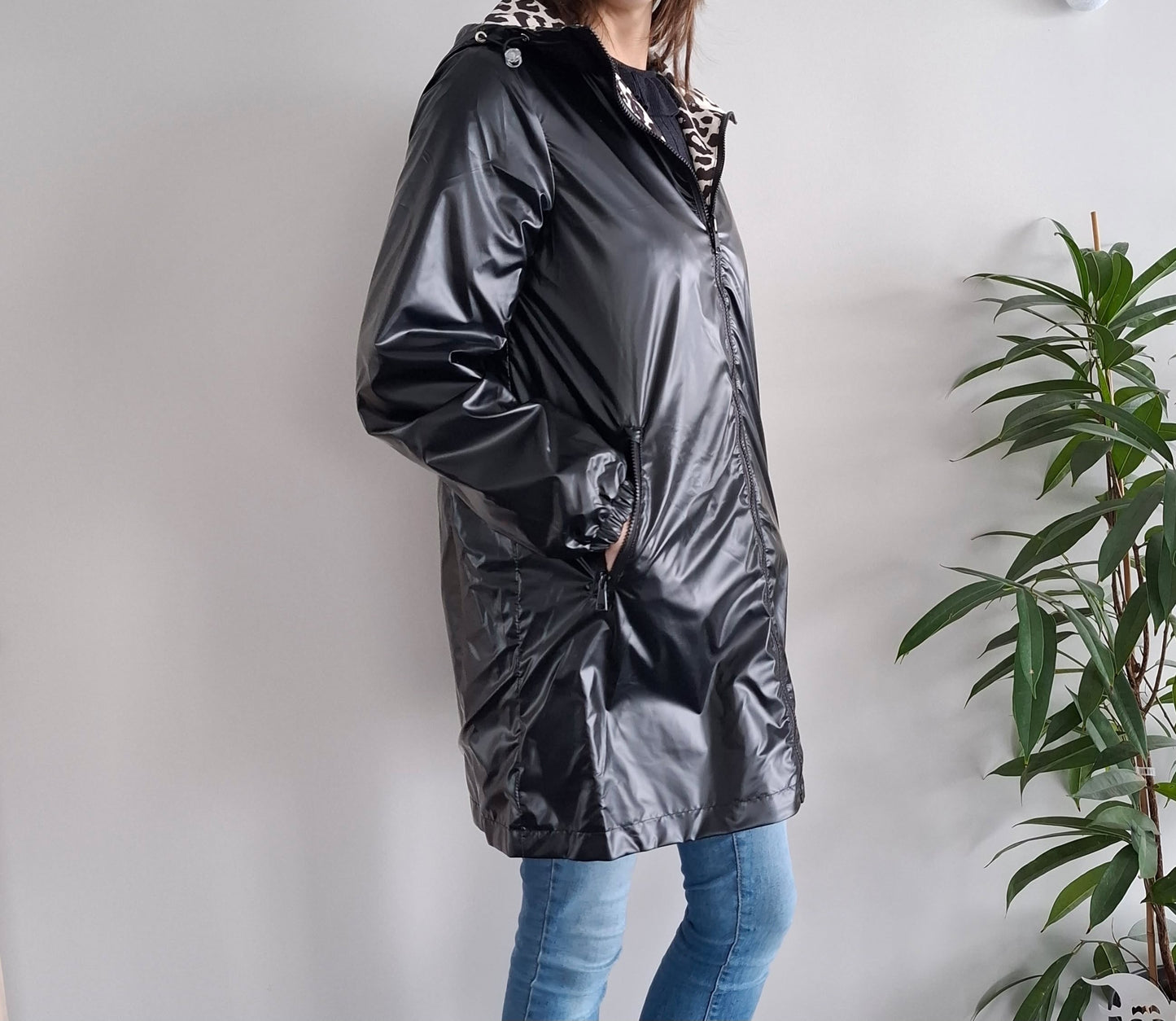 Attrait Paris - Manteau long sans ouate imperméable noir réversible avec motif léopard avec capuche