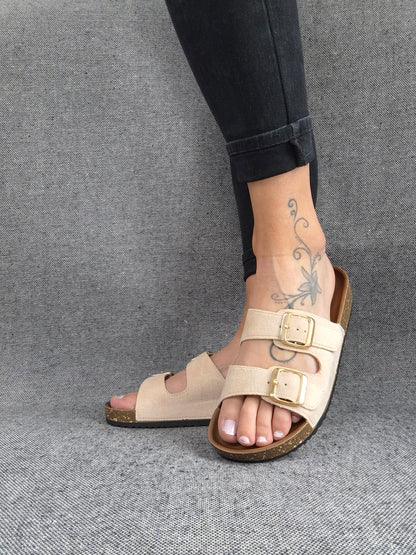 Chaussures sandales type Birk beige clair 2 brides