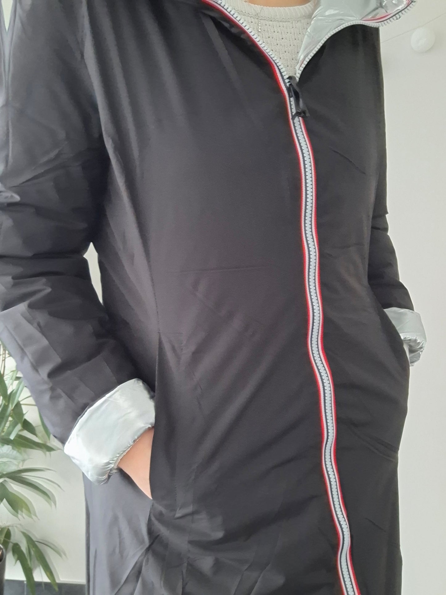 Doudoune manteau imperméable long noir réversible matelassé argenté