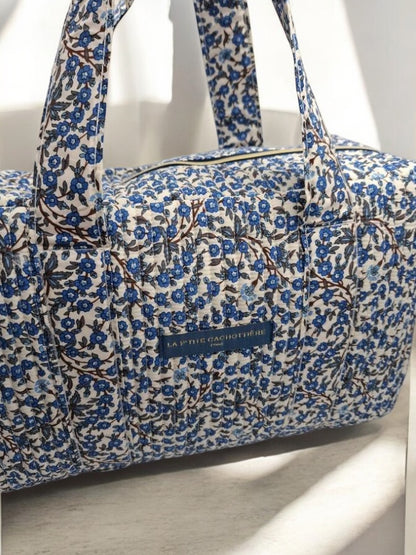 Sac week end de voyage polochon coton matelassé imprimé fleuri bleu marine