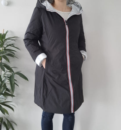 Doudoune manteau imperméable long noir réversible matelassé argenté