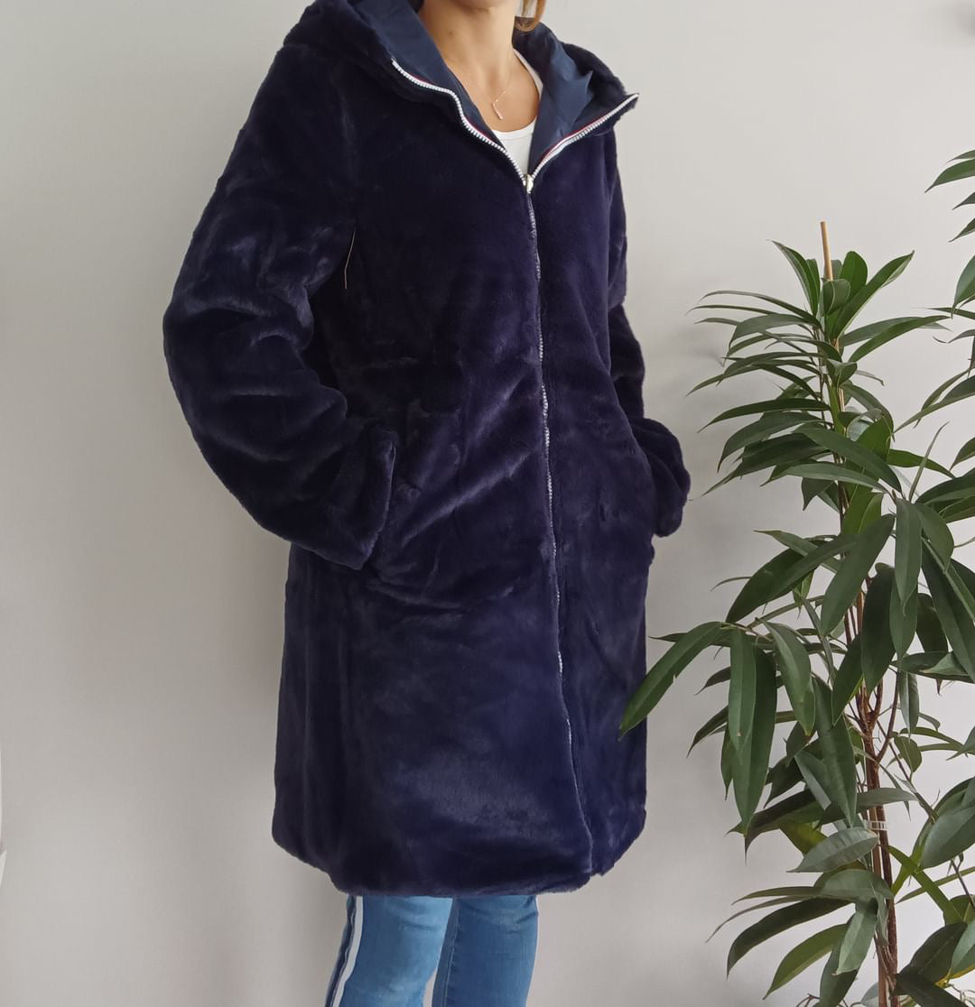 Melya Melody - Manteau long fourré fausse fourrure réversible imperméable bleu marine