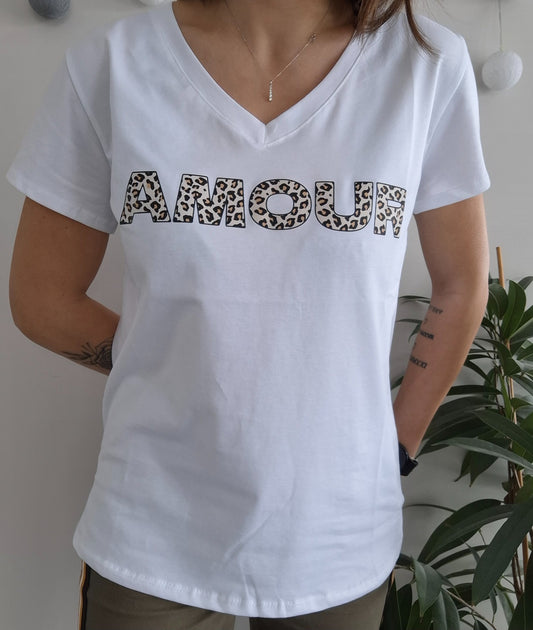 T-shirt blanc en coton avec imprimé léopard "AMOUR"