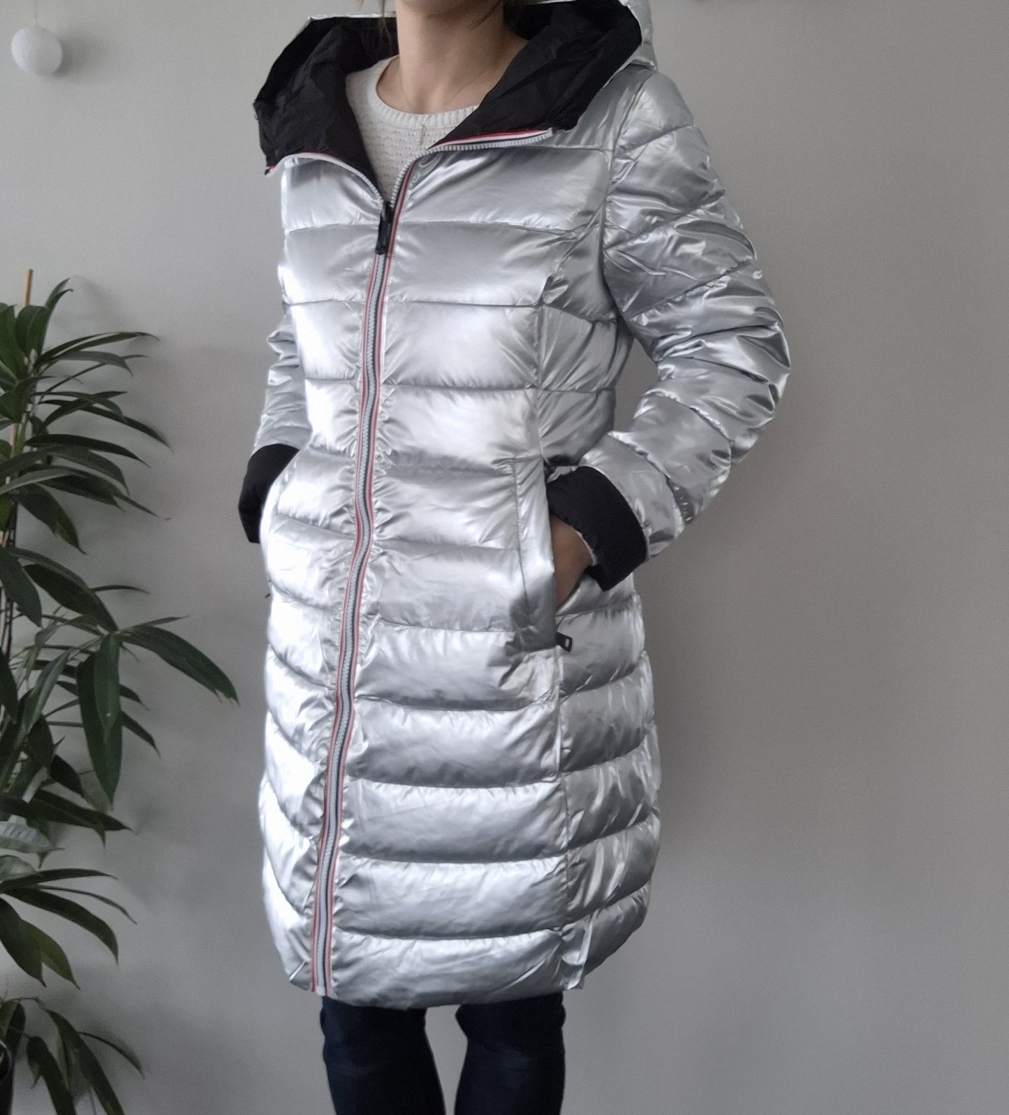 Doudoune manteau imperméable long noir réversible matelassé argenté