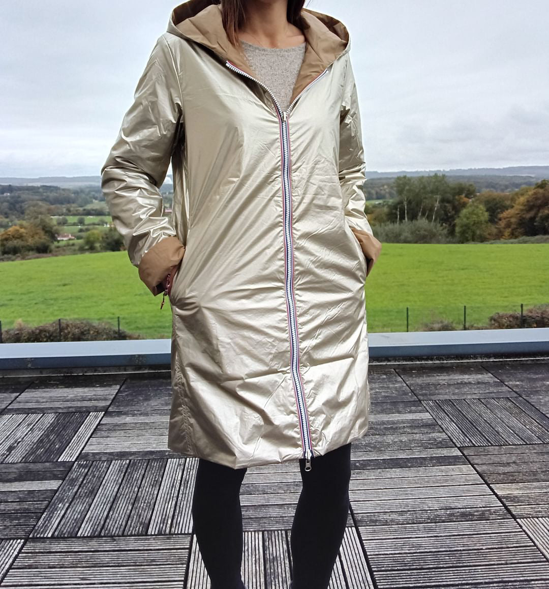 Laura Jo - Imperméable réversible long mi-saison garnissage ouate camel / doré