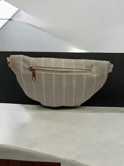 Sac banane en coton tissu bohème beige à rayures blanc doré