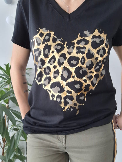 T-shirt noir en coton à motif coeur léopard