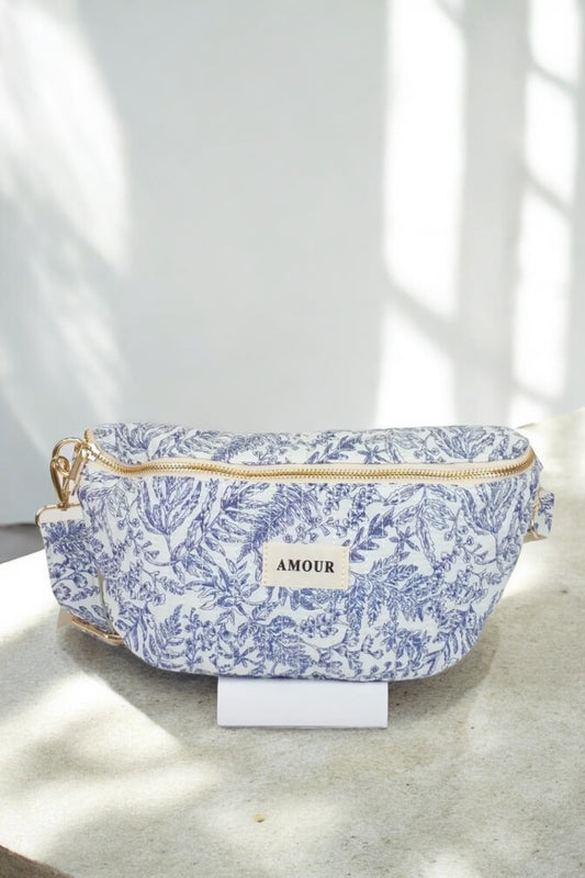 Sac banane coton liberty toile de jouy fleuri bleu marine et blanc