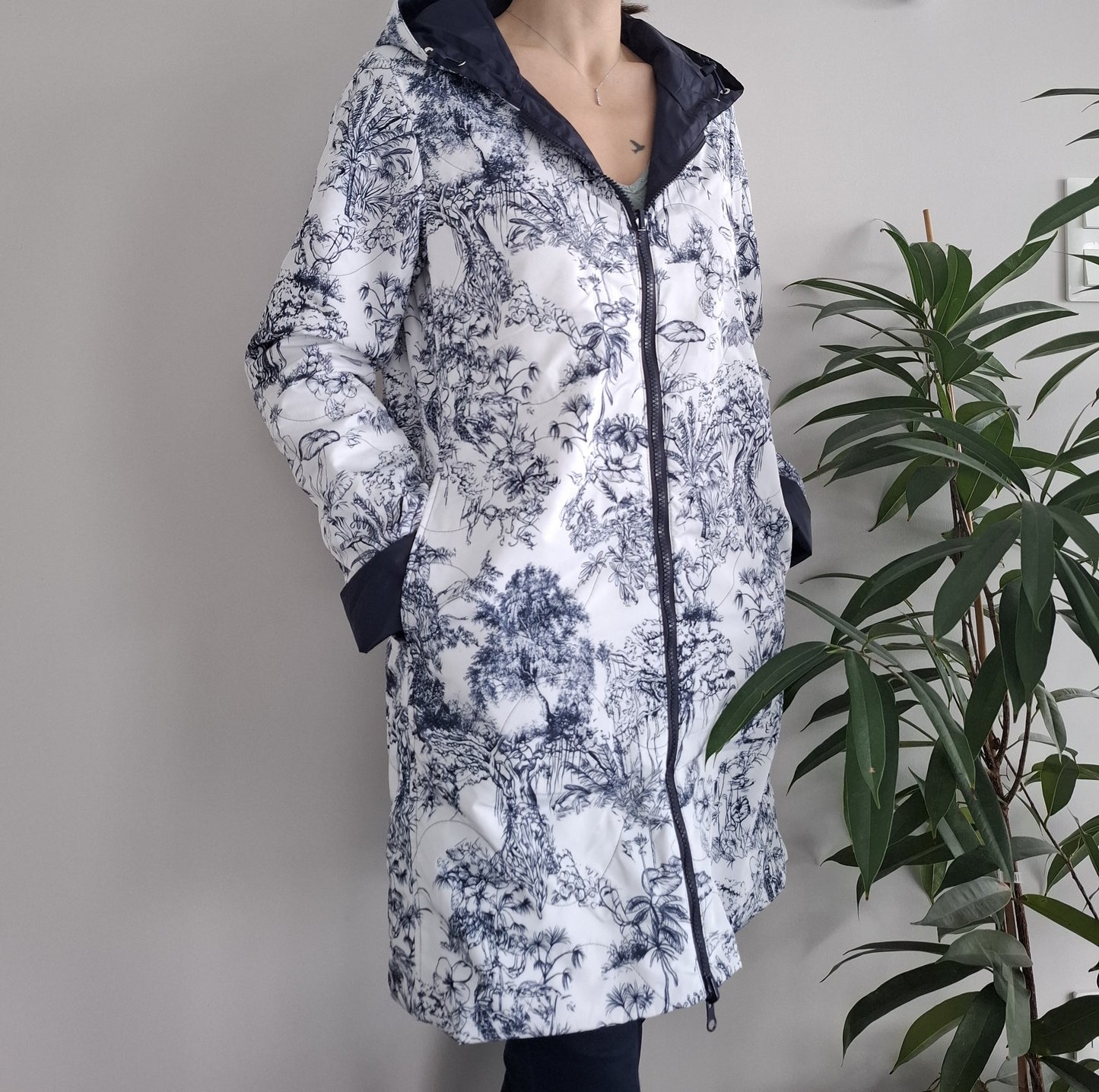 Laura Jo - Imperméable bleu marine réversible motif jungle long mi-saison garnissage ouate