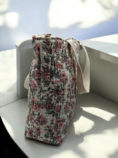 Sac cabas porté épaule en coton liberty fleuri noir rose crème