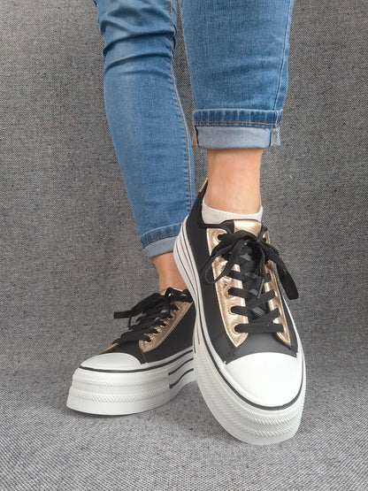 Chaussures baskets basses semelle compensée simili noir style converse