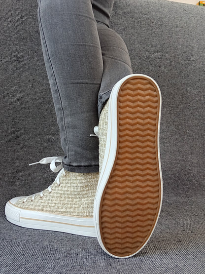 Chaussures baskets hautes en tissu texturé beige style converse