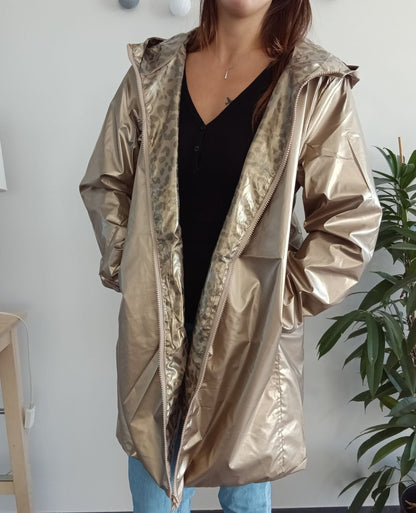 Melya Melody - Manteau long mi cuisses réversible et imperméable léger doré léopard