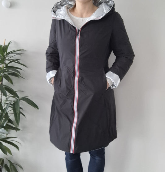 Doudoune manteau imperméable long noir réversible matelassé argenté