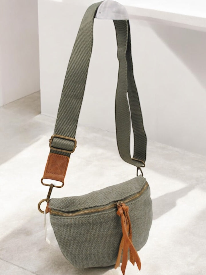 Nouveautés - Sac banane en jute vert kaki 1 poche doubles curseurs