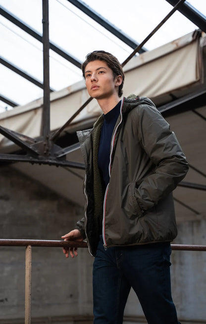 Laura Jo - Manteau HOMME imperméable court fourré fausse fourrure sherpa kaki