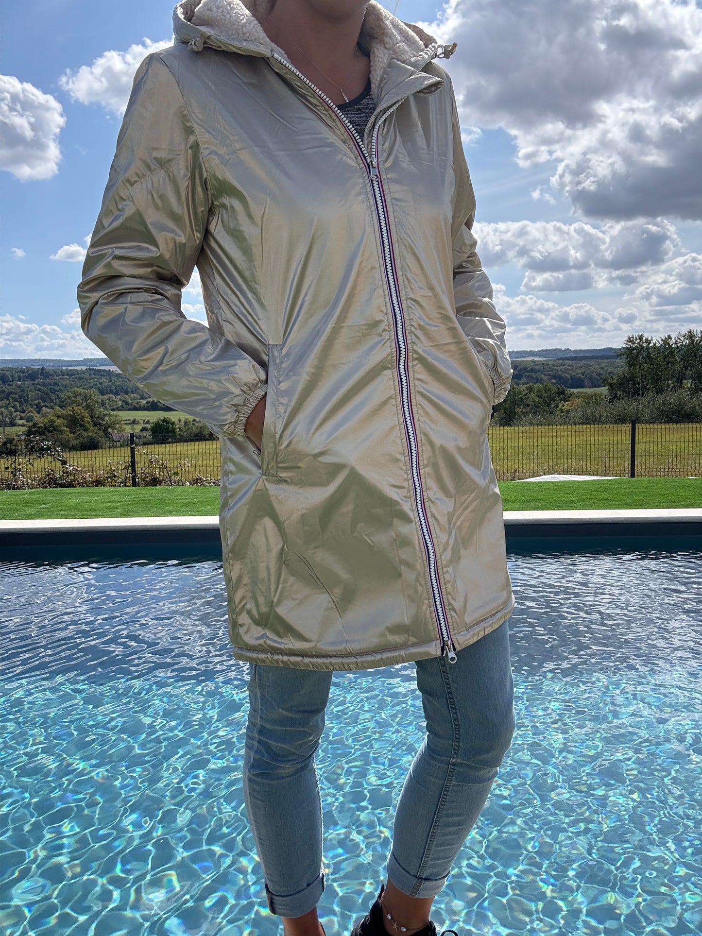 Laura Jo - Imperméable fourré long fausse fourrure doré intérieur sherpa beige