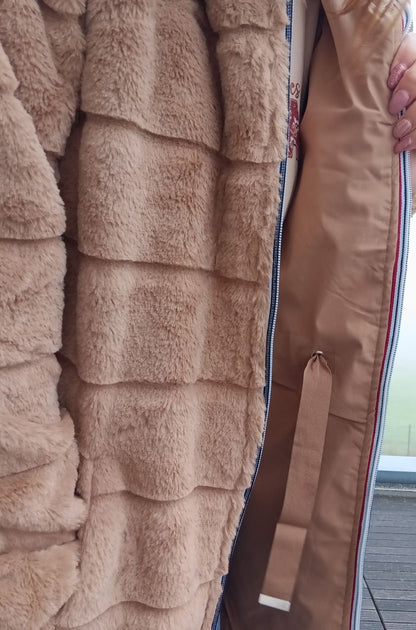 New Lolo - Manteau long CAMEL réversible, imperméable et complètement fourré resserrable à la taille