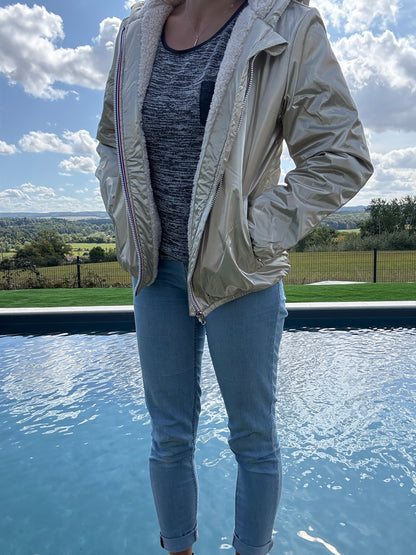 Laura Jo - Imperméable fourré court fausse fourrure doré intérieur imitation sherpa beige